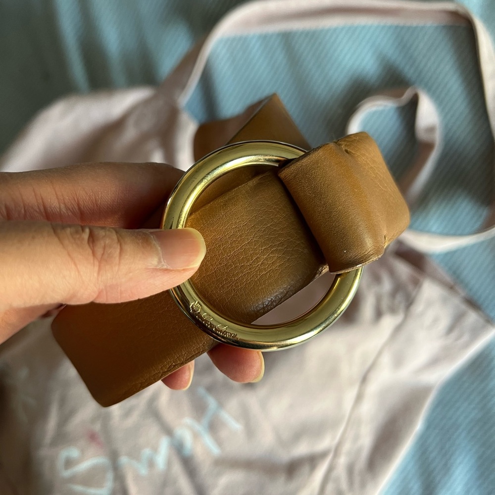 Tan Loro Piana Leather Belt with Gold Buckle
